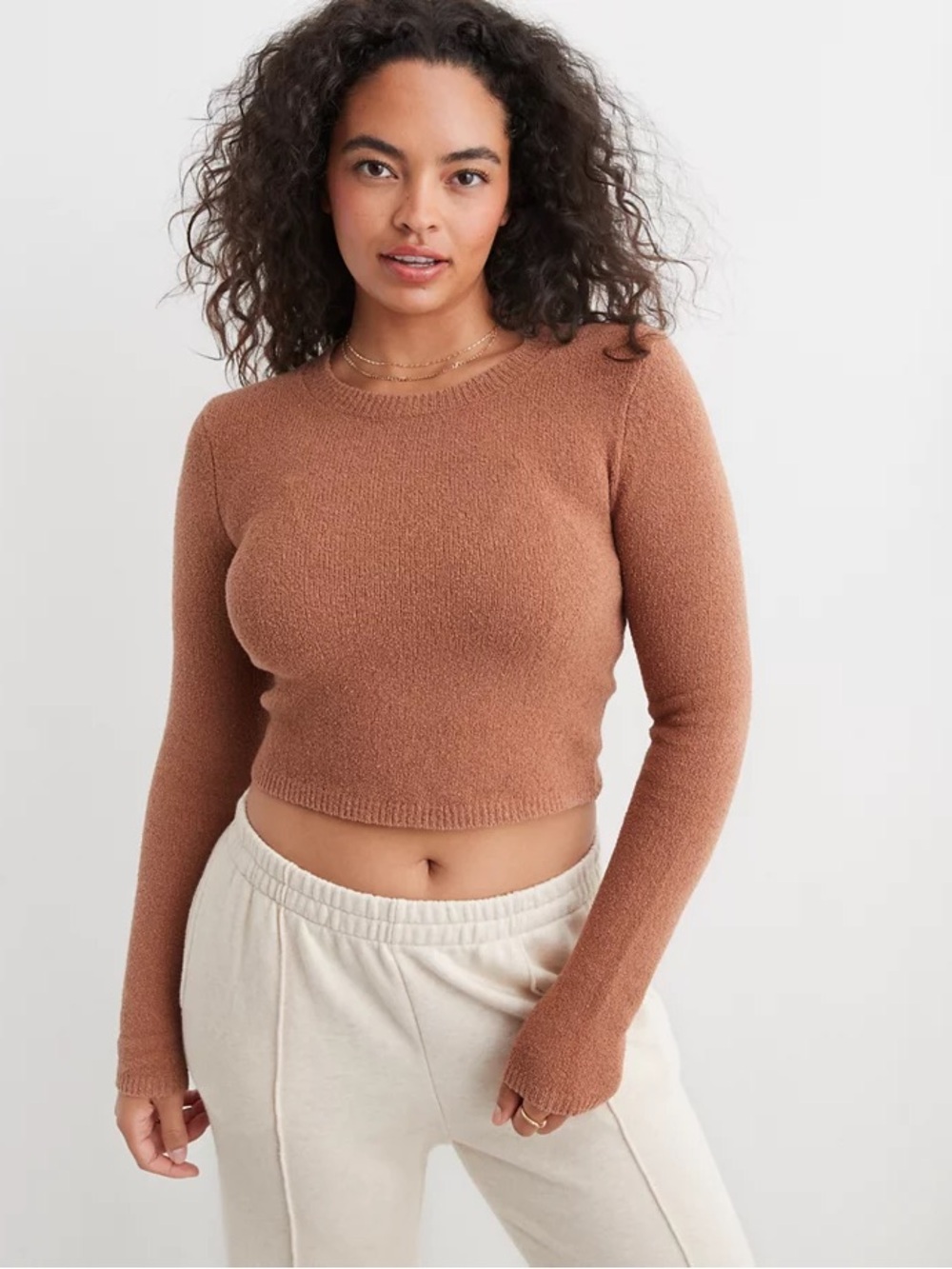 Aerie tan textured open back sweater long sleeve crop top XS cotton